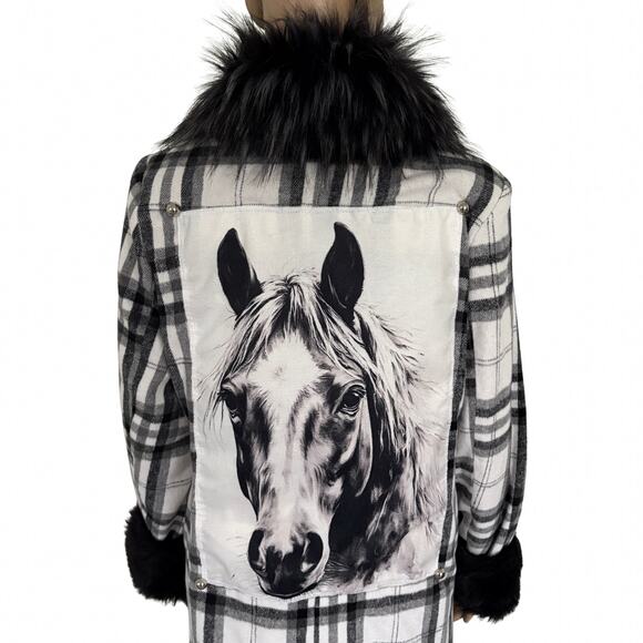 Upcycled Plaid Coat Faux Fur Collar Cuffs Horse Patch Midi Warm Winter Jacket M - Picture 2 of 8
